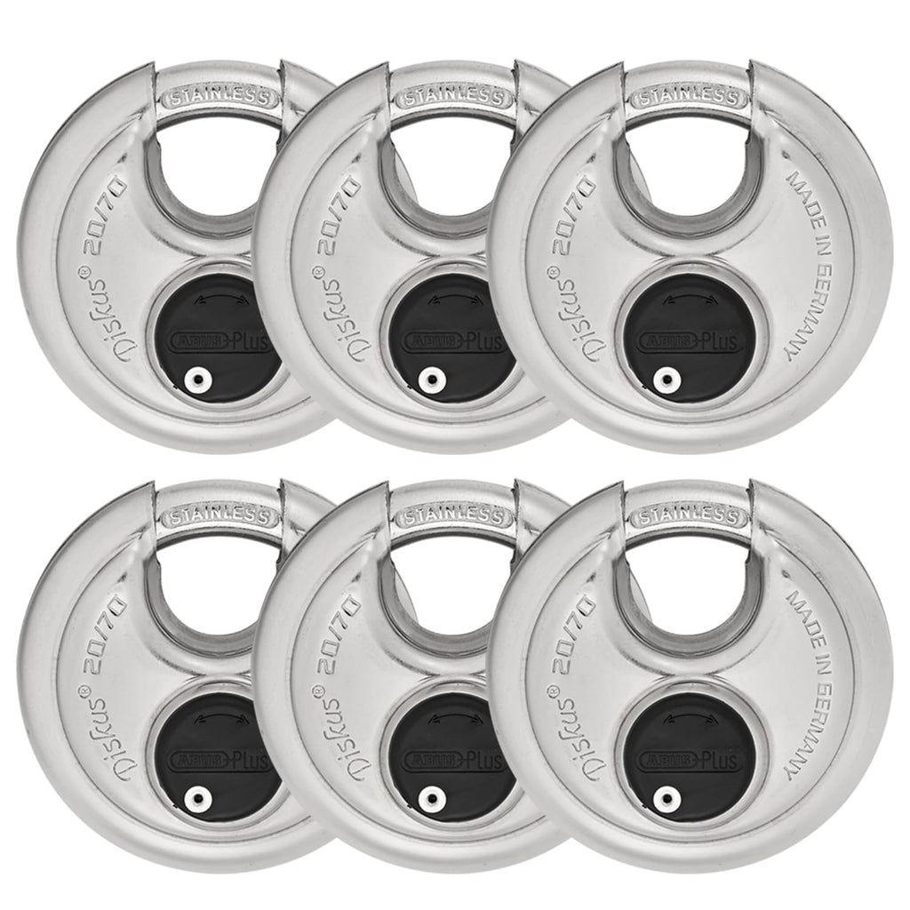 ABUS 20/70 6 Pack Heavy Duty Diskus Storage Padlock with 2 Keys for Storage, Outdoor, Commercial, 2.75in (70mm) Wide, Keyed Alike 323614