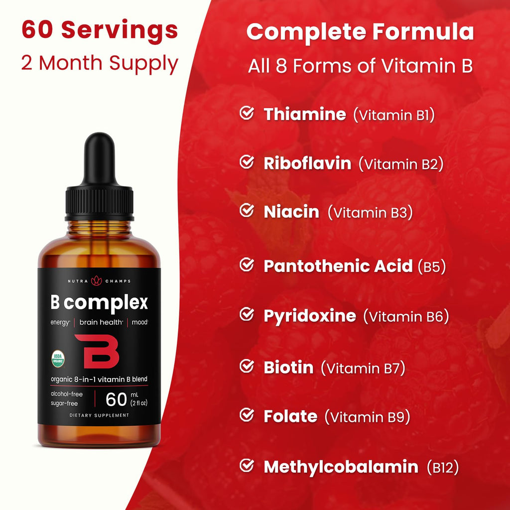USDA Organic Vitamin B Complex Liquid Drops Sublingual B12 Methycobalamin | B1, B2, B3, B5, B6, B7, B9 | Methylated B Vitamins Complex for Women & Men | Biotin, Niacinamide, Folate & Folic Acid, 2oz