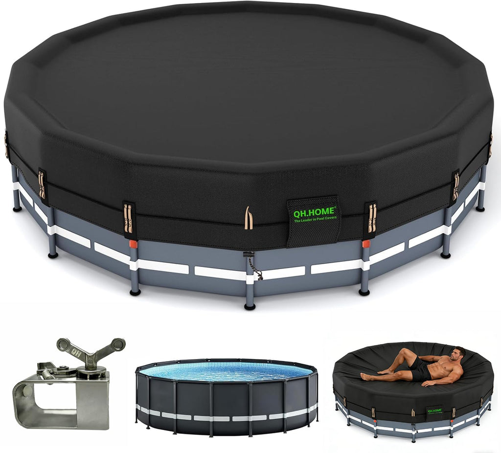QH.HOME 550D 15 Ft Pool Cover Round[Upgraded Tear Resistant & Quadruple Windproof] with Pre-Installed Patented Winch and Velcro, Solar Cover for Above Ground Pool-Snug Fit & Waterproof Protection