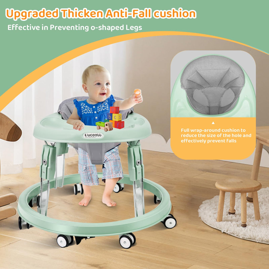 Baby Walker with Wheels, One-Touch Folding Baby Walkers, 7-Speed Height Adjustment with Large Dinner Plate, Anti-Roll 8-Wheel with Brake for 6-18 Months Baby (Green)