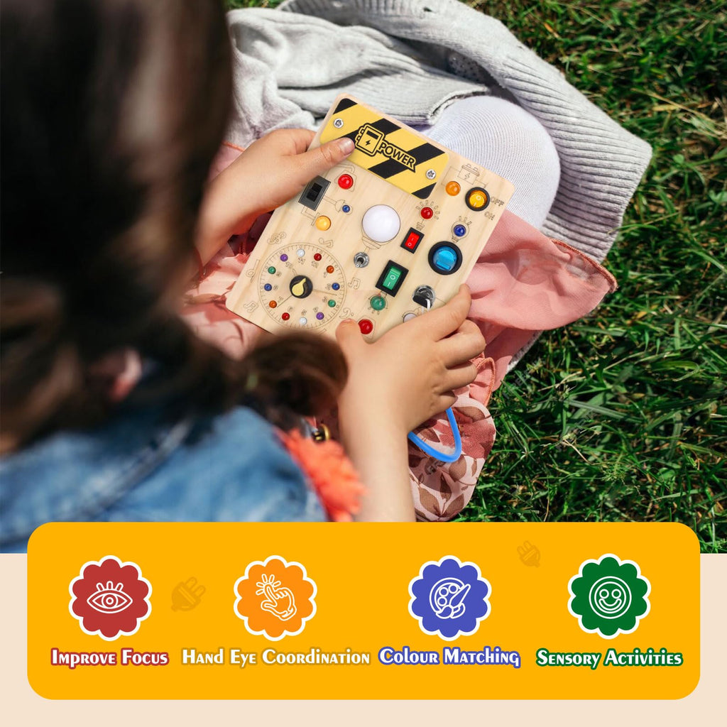 Montessori Toys Clock Wooden Busy Board with 11 LED Light switches, Tooddler Sensory Travel Toys for 1+ Year Old Baby and Toddler