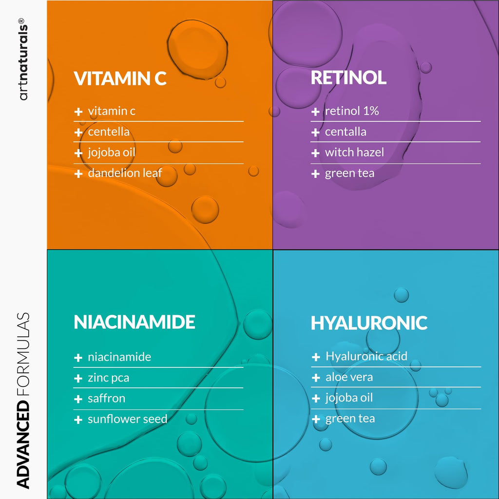 Vitamin C Serum Skin Care 4-Piece Set: Includes Retinol, Hyaluronic Acid & Niacinamide – Anti-Aging, Skin Brightening, Hydrating, Wrinkle Reduction, Dark Spot Corrector – 3-Month Supply – artnaturals