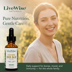 Live Wise Naturals Vitamin D3+K2 Liquid Drops - Organic MCT Oil Formula for Adults, Kids & Toddlers - Easy Absorption 1208 IU Vitamin D3 & 25 mcg K2 (mk7) for Immune Support & Bone Health - No flavour