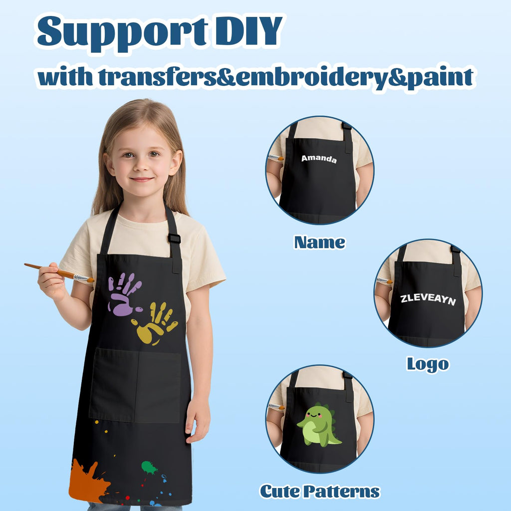ZLEVEAYN 30 Pcs Kids Apron Bulk Adjustable Children Bib Aprons with Pockets for Girls Painting Kitchen Cooking Baking (Black, L)