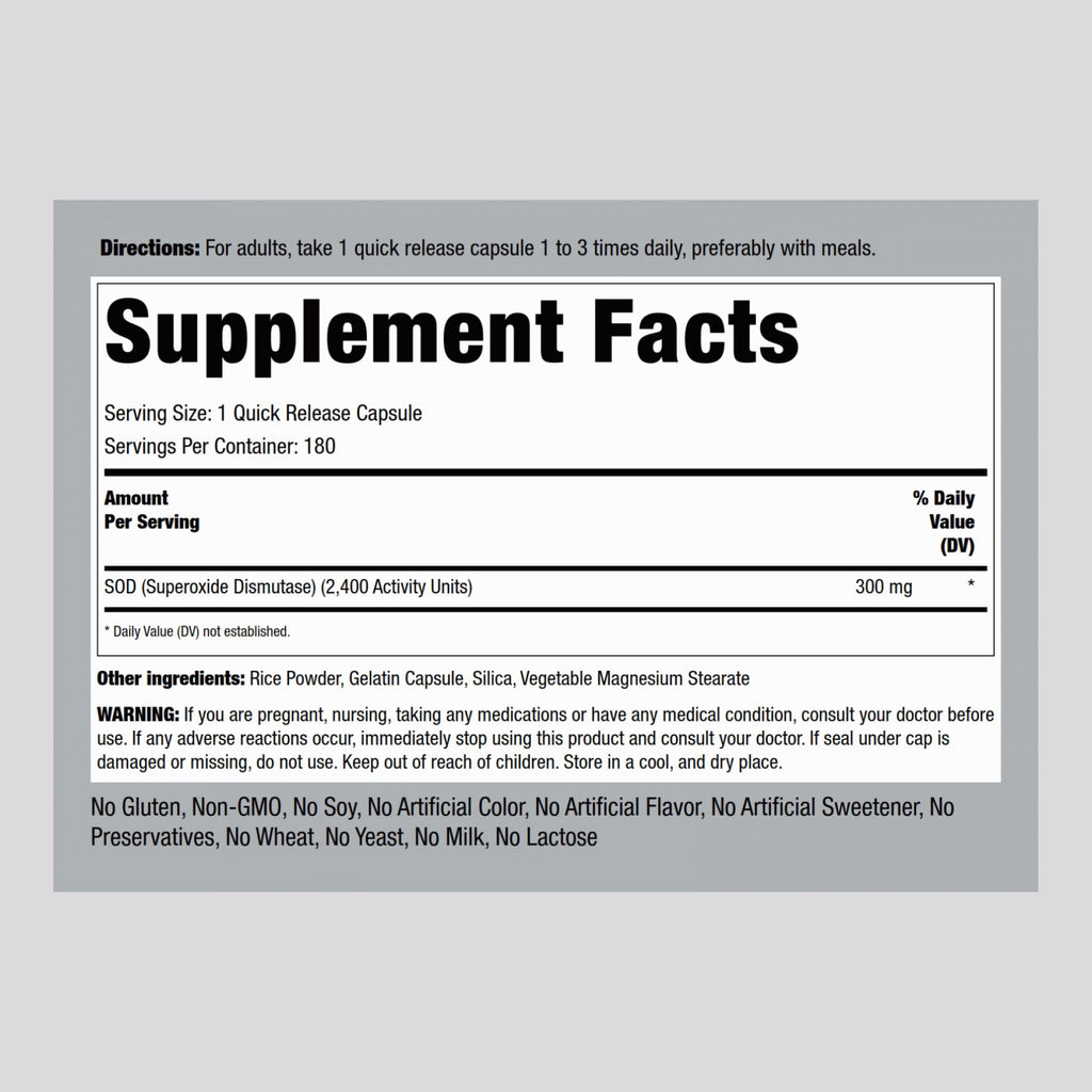 Piping Rock Superoxide Dismutase Supplement | 300 mg | 180 Capsules
