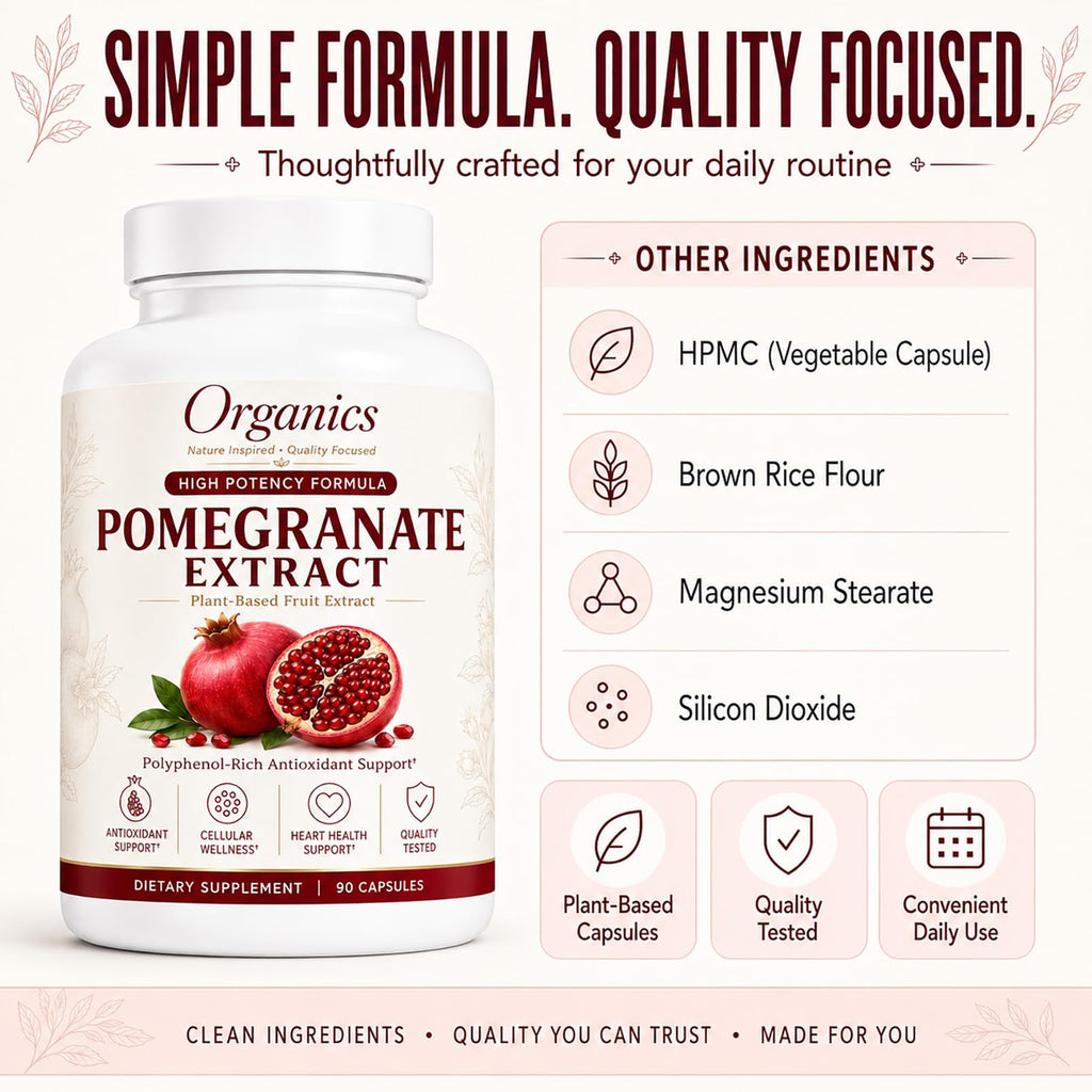 KYZTMHC Organic Pomegranate Extract, Pomegranate Fruit Extract Supplement with Polyphenol Antioxidants, Non-GMO, Daily Wellness Support, 90 Capsules