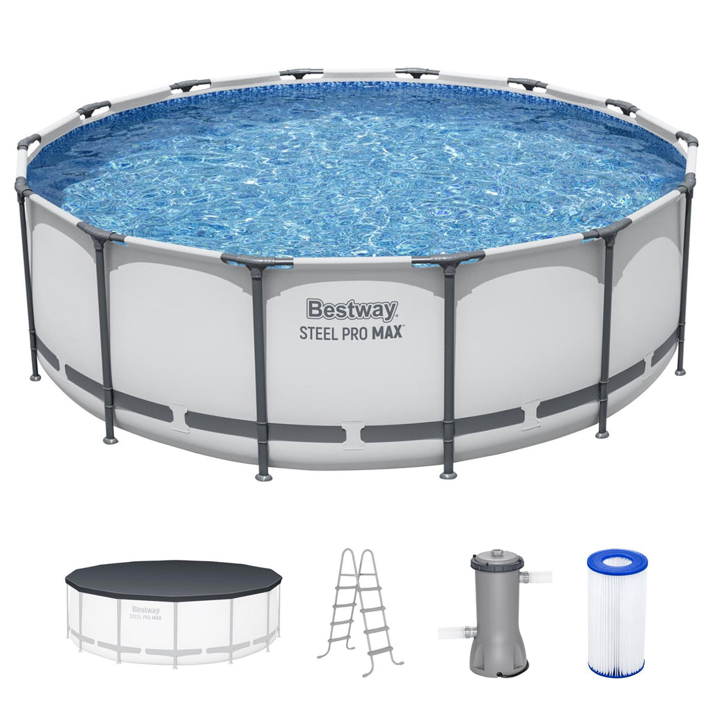 Bestway Steel Pro MAX 14' x 48" Above Ground Pool, Round Metal Frame Outdoor Swimming Pool Set with Filter Pump, Ladder, and Cover, Gray