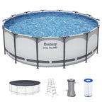Bestway Steel Pro MAX 14' x 48" Above Ground Pool, Round Metal Frame Outdoor Swimming Pool Set with Filter Pump, Ladder, and Cover, Gray