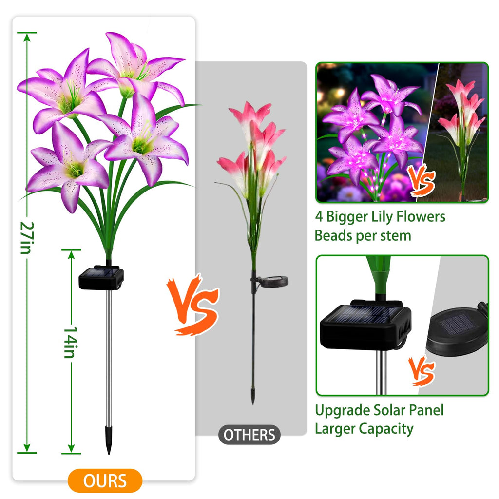 Solar Garden Lights 4 Pack 16 Purple Lily Flowers, Gifts for Mom Woman Birthday Outdoor Solar Flower Lights,Cemetery Flowers for Grave - Decorative Lilies for Yard, Patio, Pathway Decorations