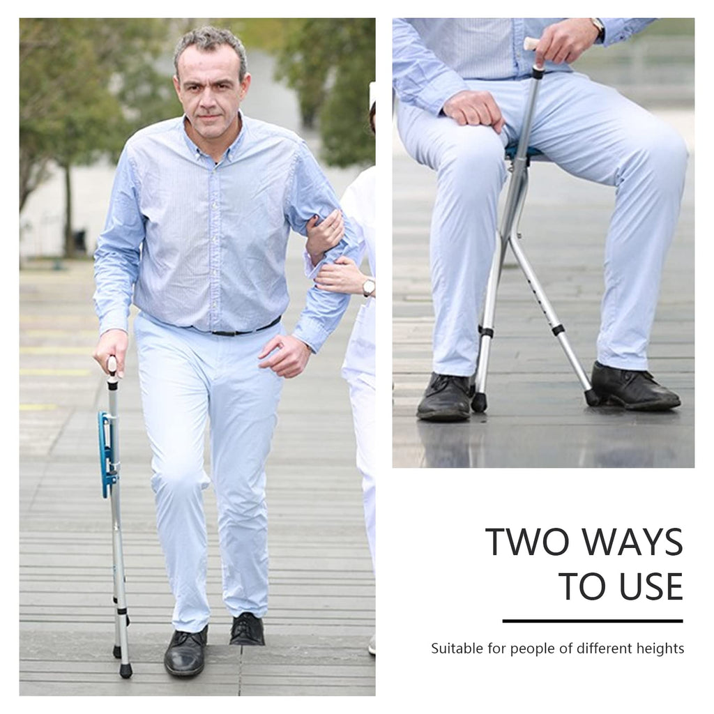 Yayayo Walking Cane with Seat Aluminum Alloy Portable LED Floding Chair for Seniors Adult Height Adjustable Heavy Stick Stool for Elderly Gift Blue