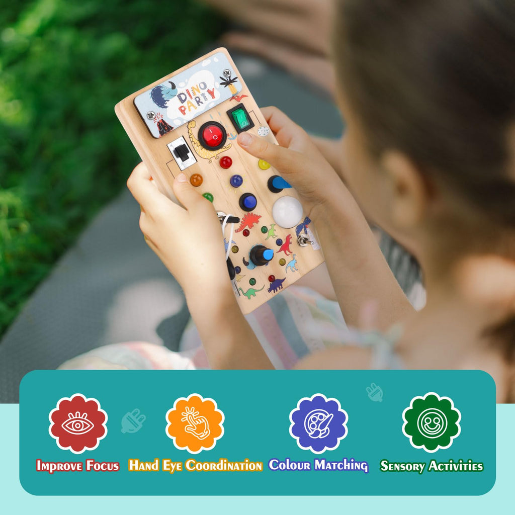 Dinosaur Busy Board with 8 LED Light Switches, Toddler Montessori Busy Board with Light Switch, Sensory Travel Toys, Montessori Toys for 1+ Year Old Boys