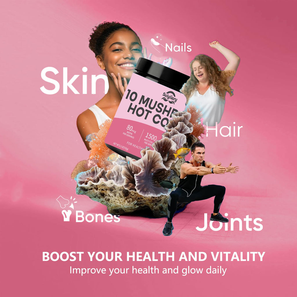 Suiyilary 10 Mushroom Hot Cocoa, 1500mg Collagen, 80mcg Biotin, Sugar Free Keto Cocoa Powder, for Healthy Hair, Skin and Nails, 15 Servings