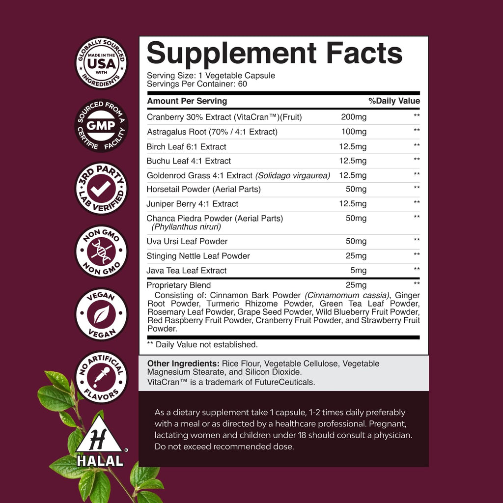Advanced Kidney Support Supplement - Kidney Cleanse Detox & Repair Cranberry Extract Capsules with Uva Ursi, Stinging Nettle & Astragalus for Kidney health - Urinary Tract Health - 60 Caps