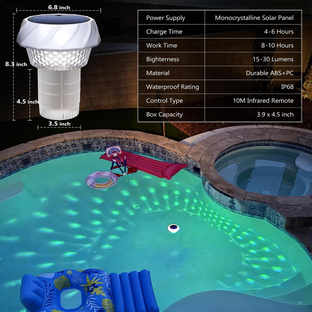Blansong Solar Pool Chlorine Floater 2 Pack Adjustable Release Swimming Pool Chlorine Tablet Floater with Color Changing Floating Dispenser with Romote Control and Timer IP68 Waterproof