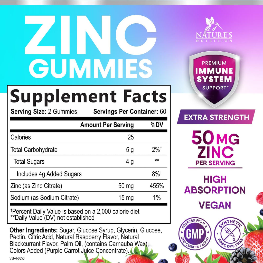 Zinc Gummies 50mg Per Serving - Immune Skin & Bone Support Health Gummy - Premium Antioxidant Chewable, High Absorption Vegan, Best Zinc Supplements Vitamin for Adults, Tasty Berry Flavor, 120 Gummies