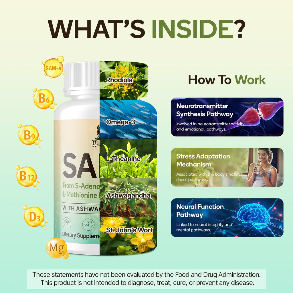 SAM-e Supplement – Capsule Complex with Ashwagandha Extract, L-Theanine, Rhodiola, St. John’s Wort, Omega-3 Fatty Acids, Magnesium, B Vitamins & D3, 60 Capsules