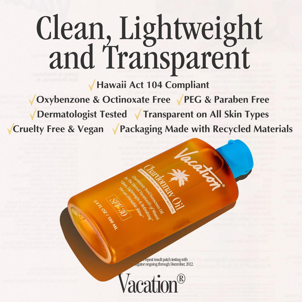 Vacation Chardonnay Oil SPF 30 Duo, Hydrating & Nourishing, Lightweight, Transparent on All Skin Tones, Water-Resistant, Travel Size Sunscreen Two-Pack, 3.4 Fl. Oz. Each