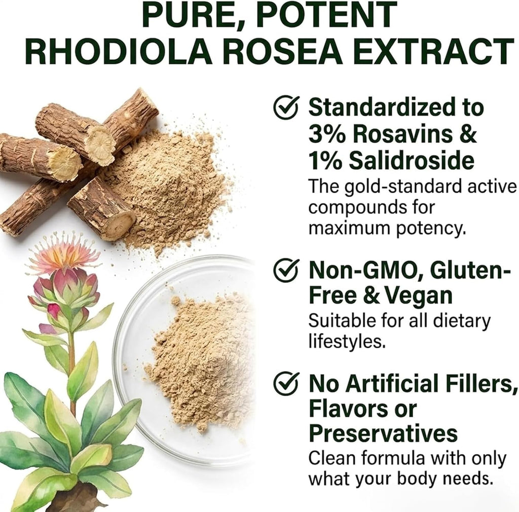 Salvora Organic Rhodiola Rosea, All-Natural, Non-GMO, Vegan, 60 Capsules
