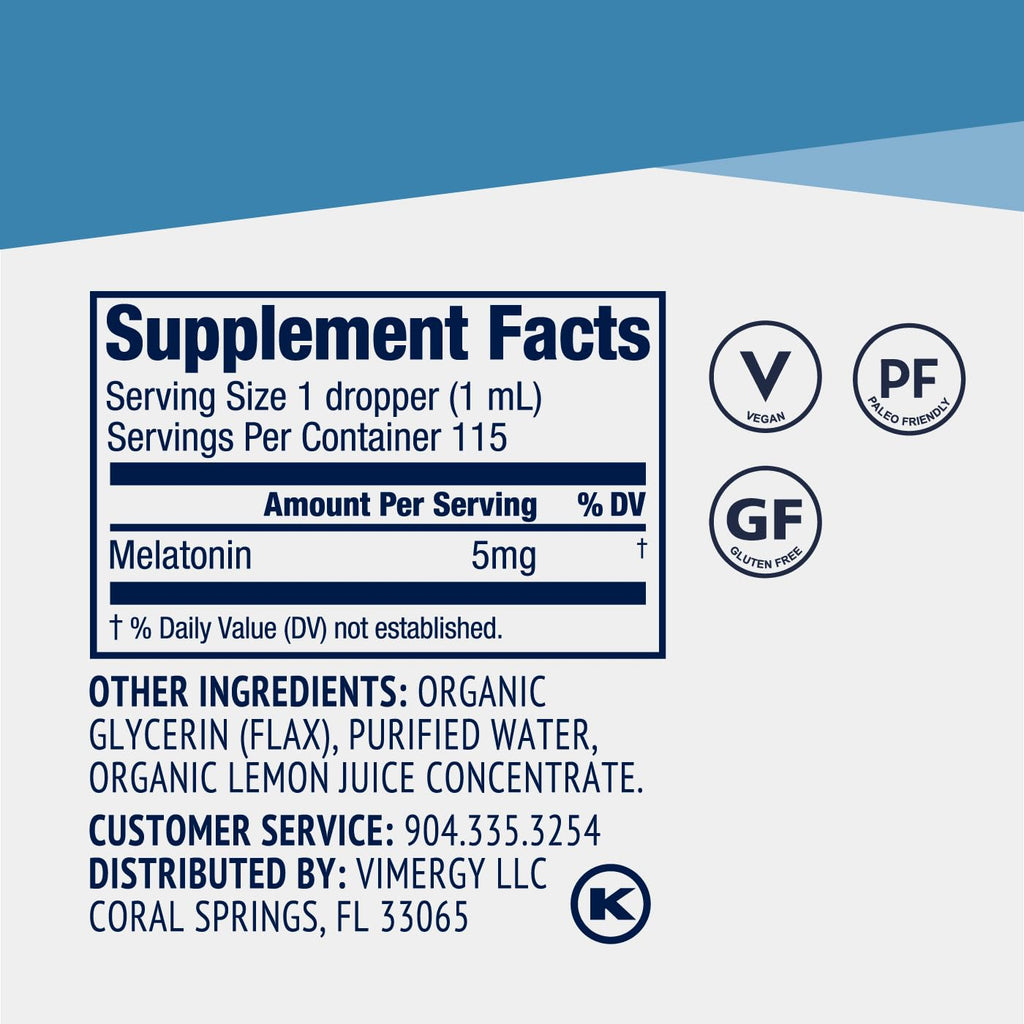 Vimergy Restful You* Liquid Melatonin - Fast-Absorbing Support for Restorative Sleep. Customizable Serving Size. Kosher, Vegan, Paleo-Friendly, Non-GMO. Serving Size: Adults 1mL, Kids 0.2mL.*