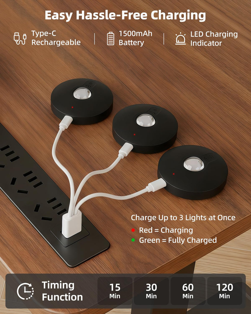 Aokpsrt Rechargeable Puck Lights With Remote Control, 1500mAh Battery Operated Tap Lights, Dimmer & Timer Under Cabinet, Wireless LED Stick-On for Closet, Bedroom, Kitchen - Black 3Pcs