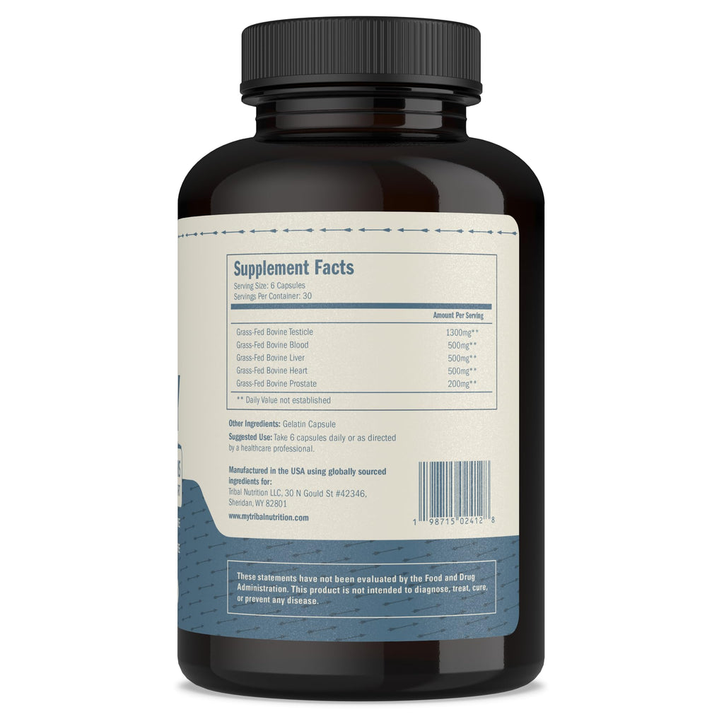 Tribal Nutrition 100% Grass Fed Beef Testicle with Prostate, Blood, Liver & Heart - Beef Organ Supplement for Men - 3000mg / 30 Servings