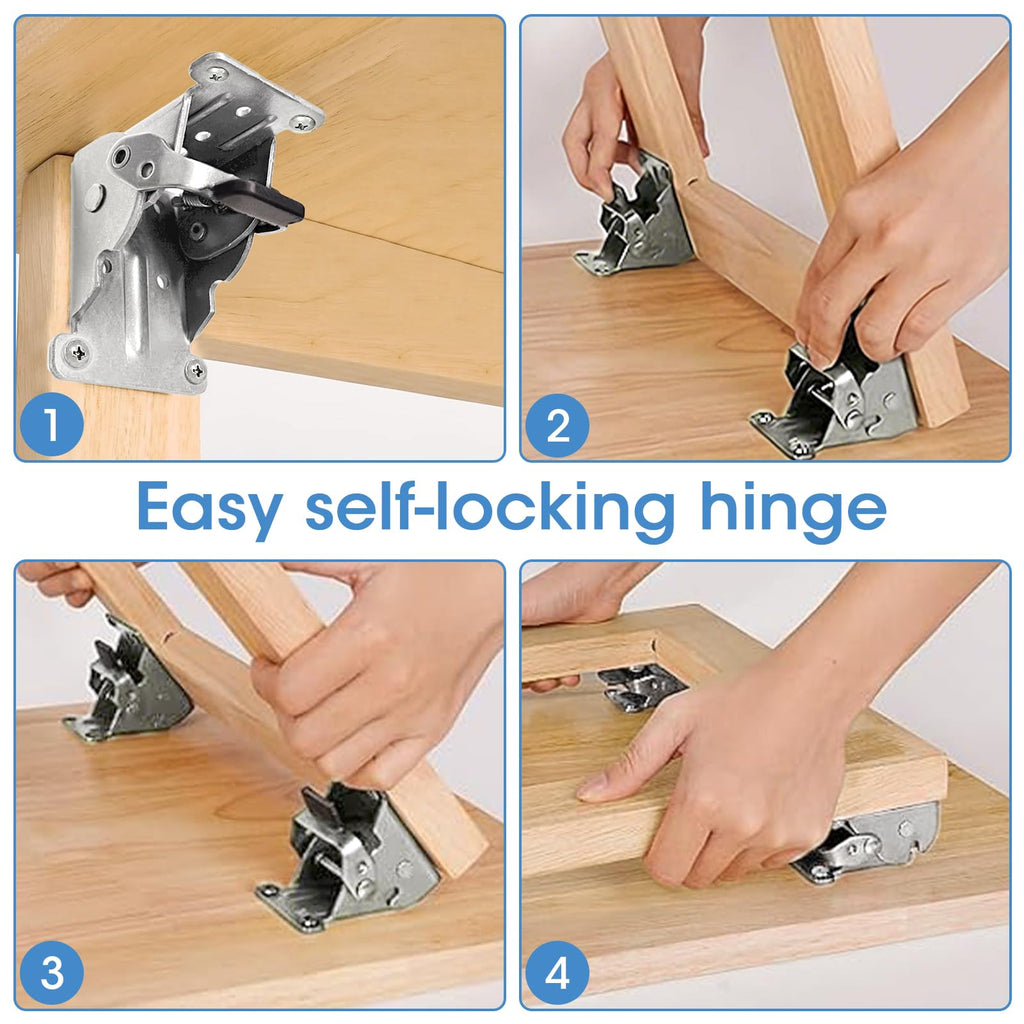 4 Pack Locking Hinge for Folding Leg Brackets,Heavy Duty Folding Brackets 90 Degree Self Locking Folding Hinge for Table Legs Furniture（Silver）