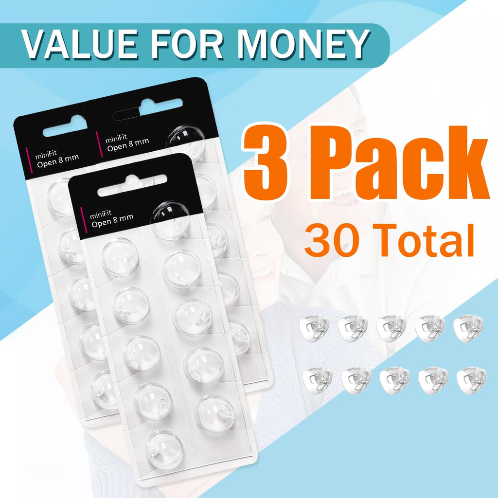 Open 8mm-Hearing Aid Domes for Oticon Minifit, Oticon Hearing Aid Supplies, Replacements Parts Accessories Universal Oticon Domes for Hearing Aids Cleaning Kits (30 Pcs)
