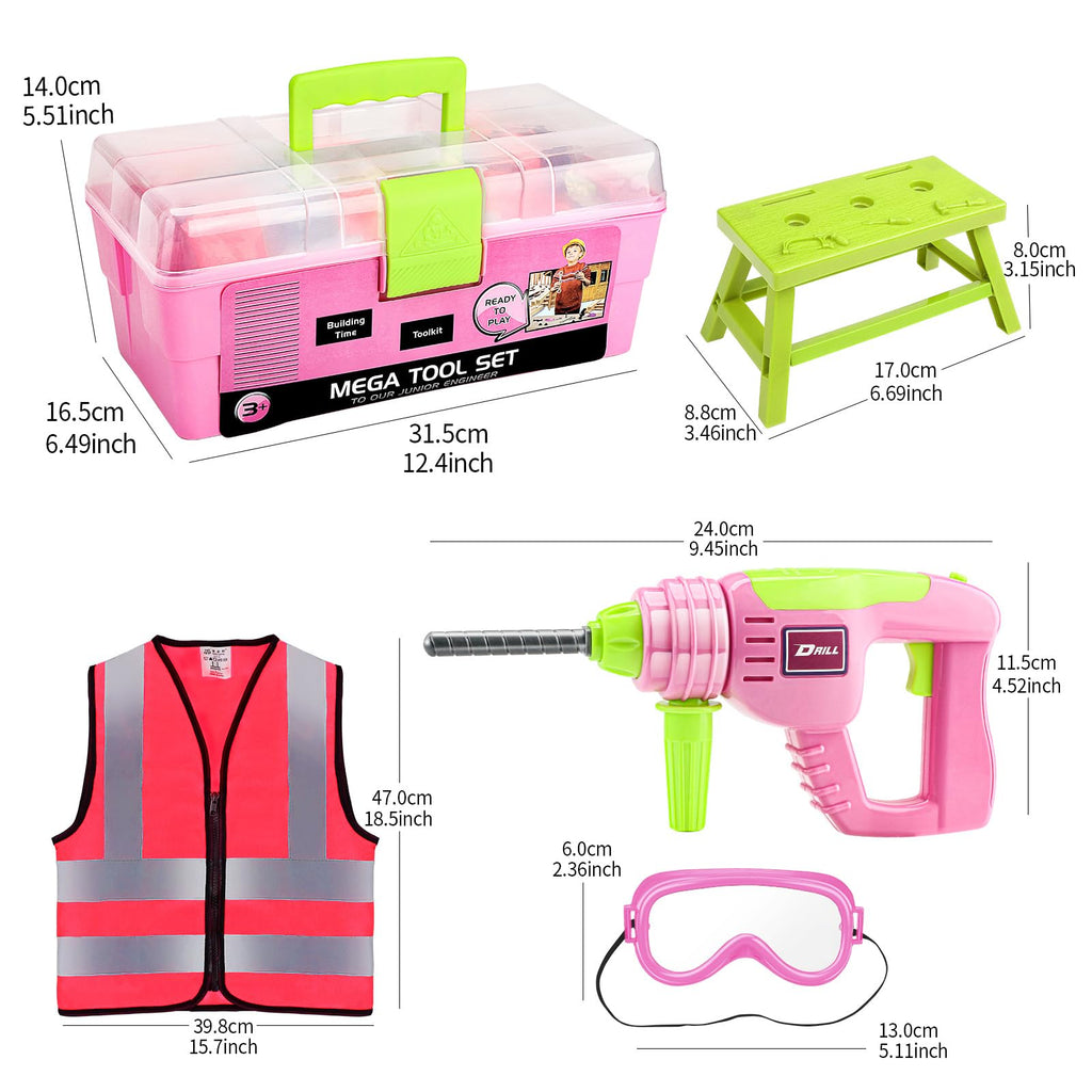 Deejoy Pink Kids Tool Set for Girls-Toddler Tool Set with Electronic Toy Drill & Tool Box, STEM Pretend Play Construction Toys with Costume Vest, Educational Gifts for Age 3 4 5 6 7 Year Old