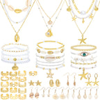 NEWITIN 49 Pieces Gold Jewelry Set for Women Boho Beach Jewelry Set Summer Ocean Seashell Starfish Necklaces Bracelets Toe Rings Earrings for Women