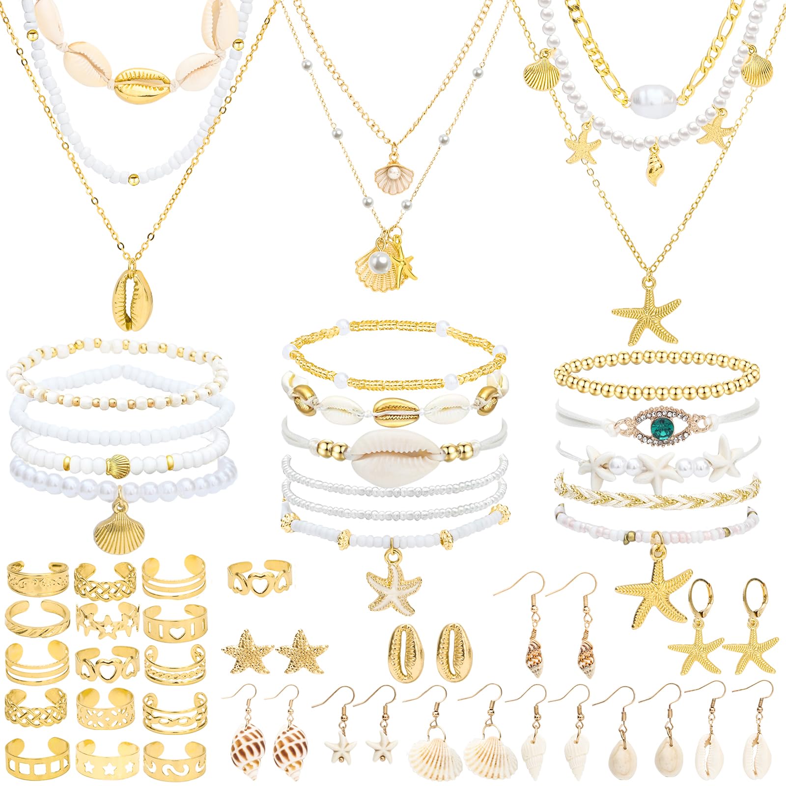 NEWITIN 49 Pieces Gold Jewelry Set for Women Boho Beach Jewelry Set Summer Ocean Seashell Starfish Necklaces Bracelets Toe Rings Earrings for Women