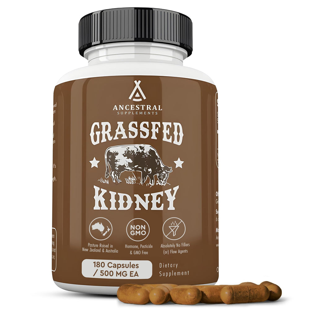 Ancestral Supplements Grass Fed Beef Kidney Supplement, 3000mg, DAO Enzyme Supplement, Kidney Support for Urinary and Histamine Health, Selenium, B12, Non GMO, 180 Capsules