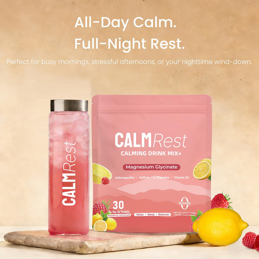CalmRest Calm Magnesium Powder Calming Drink Mix Cortisol Supplement for Women with Ashwagandha, Saffron, L Theanine, Vitamin D3-Stress Relief & Relaxation Support, No Sugar, 30Ct, Raspberry Lemonade
