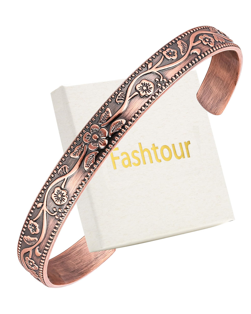 Fashtour Pure Copper Bracelet for Men & Women, Vintage Floral Cuff
