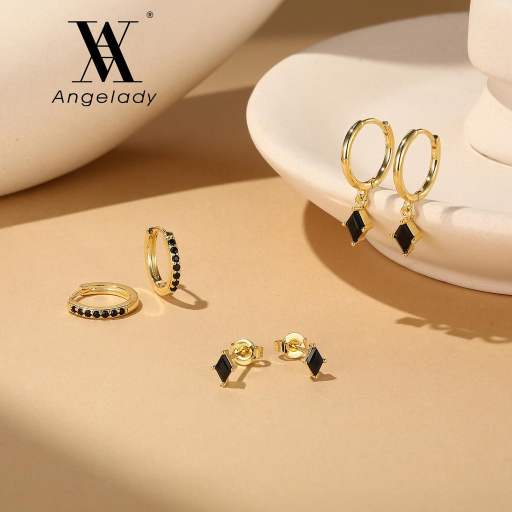 3 Pairs Black CZ Hoop Earrings for Women, Huggie Dangle Stud Set