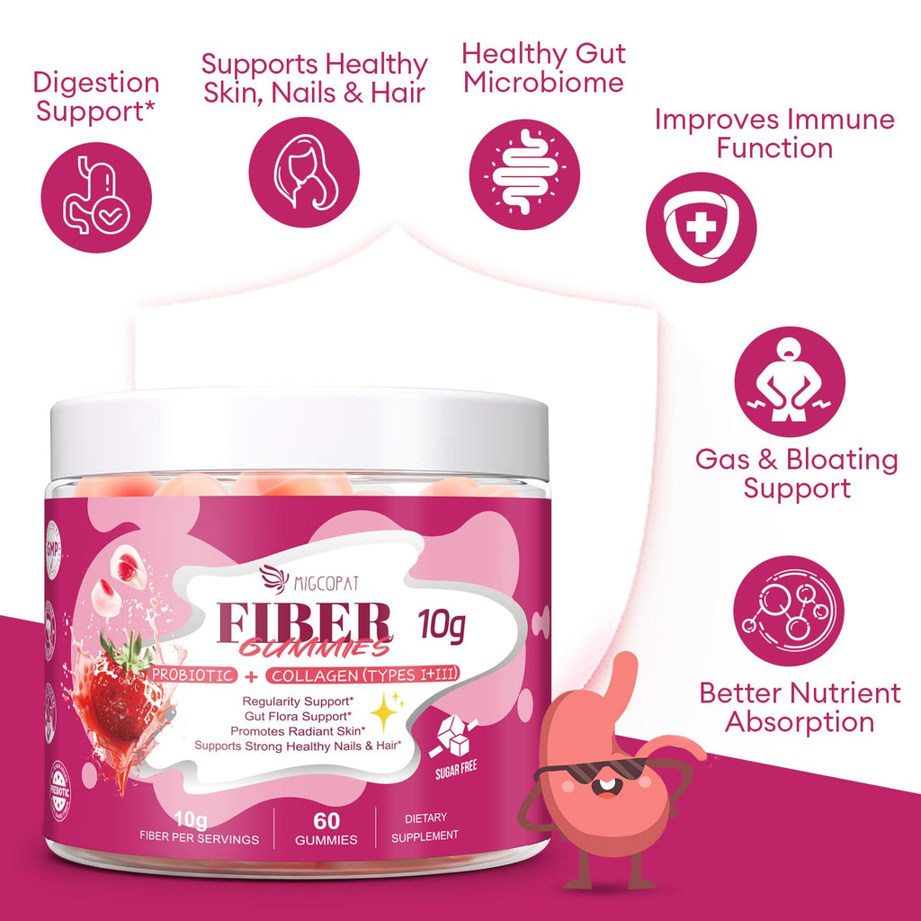 Migcopat 10G Fiber Gummies, with Collagen Peptides, Hyaluronic Acid, Vitamin C, ACV & 30 Billion CFU Probiotics – Sugar Free Collagen Gummies for Skin, Hair & Nails – Digestive Support – 120 Cts