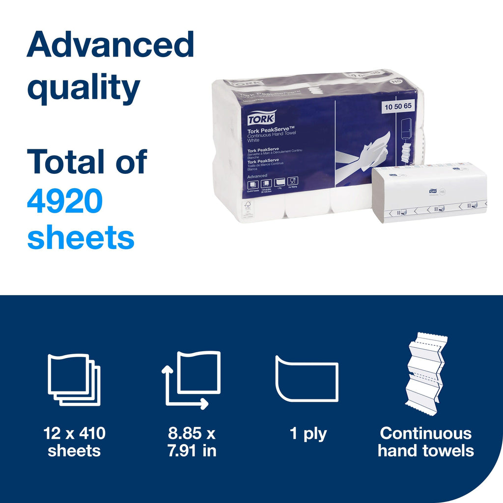 Tork PeakServe Continuous Hand Towel White H5, Advanced, Compressed, 12 x 410 sheets, 105065