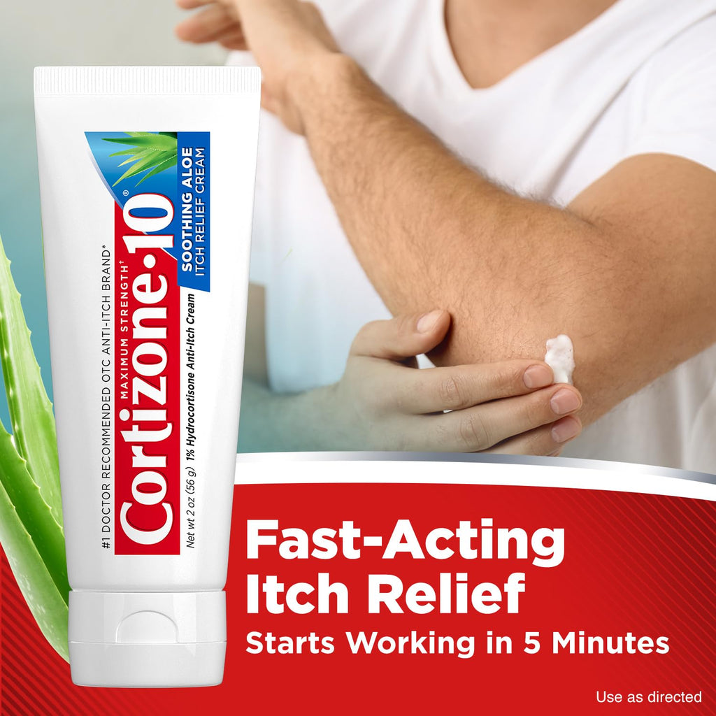 Cortizone-10 Maximum Strength Soothing Aloe Itch Relief Cream, 1% Hydrocortisone, Fast-Acting, Anti-Itch Cream for Bug Bites, Rash, Eczema, Psoriasis, Poison Ivy, Oak, Sumac, 2 oz (Pack of 4)