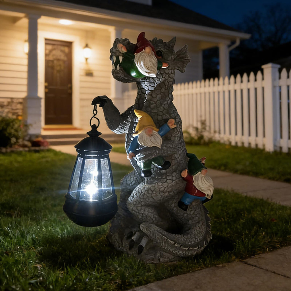 SAMPU CRAFT 12.3 Inch Dinosaur Garden Gnome Statue with Solar Lantern