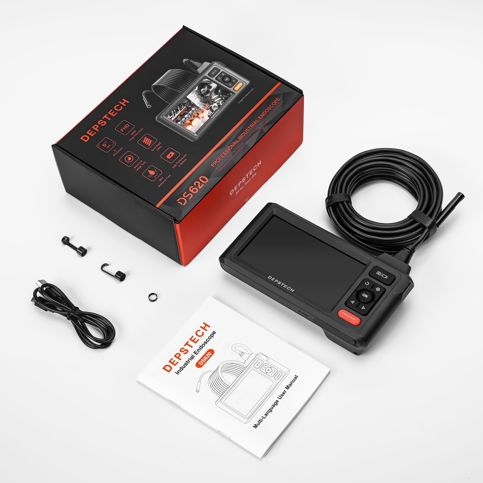 Dual-Lens Endoscope Camera with Light, DEPSTECH 1080P HD Borescope with 5" IPS Screen, 16.5FT Flexible Sewer Plumbing Snake Camera, Cool Gadgets for Men, Women