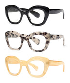 JM 3 Pack Oversized Cat Eye Reading Glasses for Women Funky Blue Light Flexible Cateye Readers +2.0