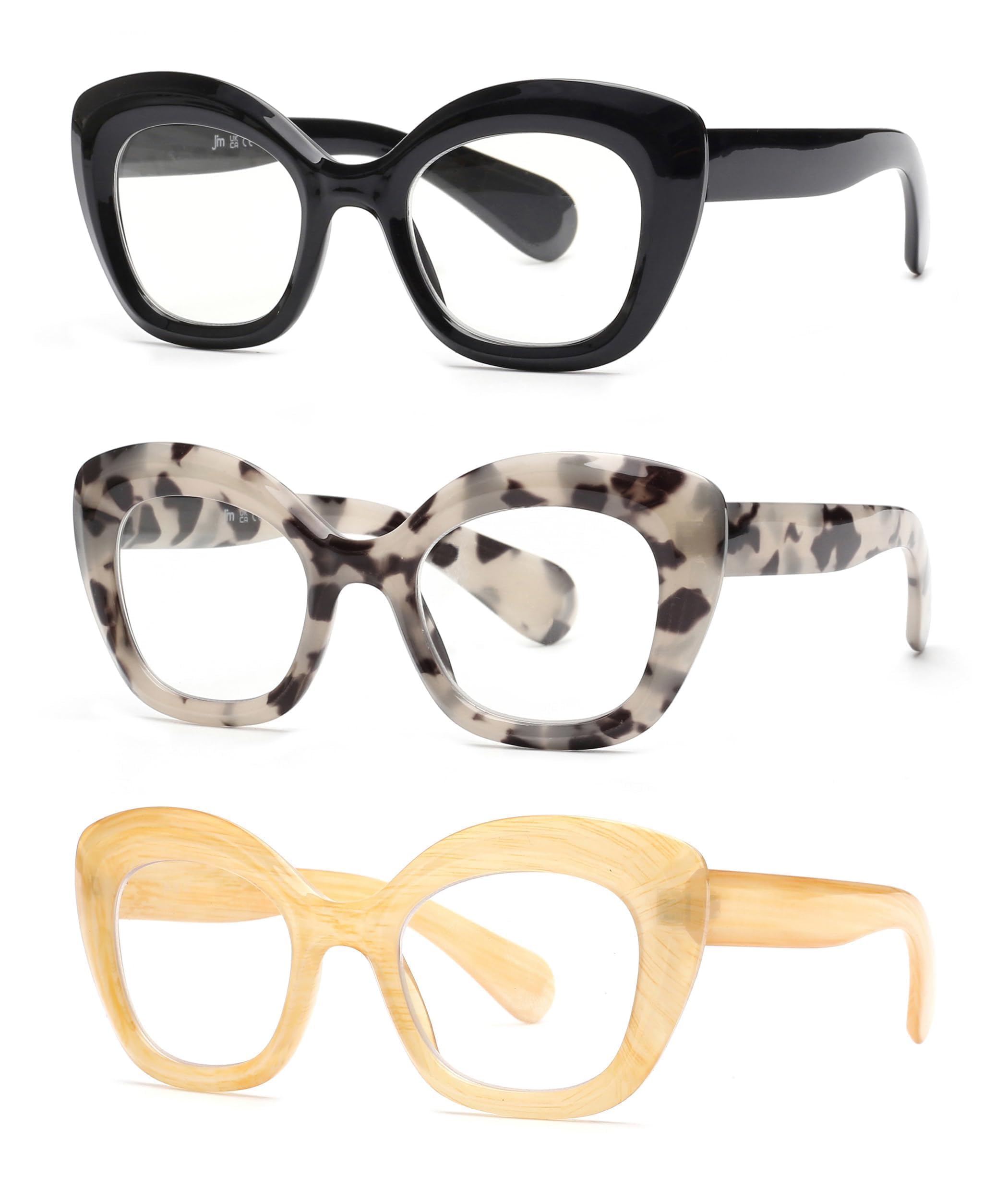 JM 3 Pack Oversized Cat Eye Reading Glasses for Women Funky Blue Light Flexible Cateye Readers +2.5