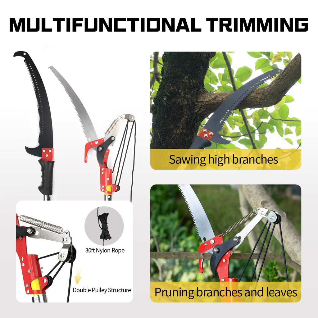 Ersitrole Manual Pole Saw, 30 ft Extendable Tree Pruner, Sharp Steel Blade and Scissors High Branches Trimming, Pole Saws for Tree Trimming, Tree Trimmers Long Handle Pruner