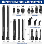 WORKPRO 18-Piece Impact Socket Extension Set, Includes Socket Adapters, Ratchet Extension Set, Swivel Universal Joints and Impact Coupler, 1/4", 3/8" & 1/2" Drive