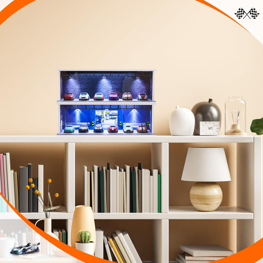 Tujoe 2 Pcs Hot Diecast Wheels Garage Display Case with LED Light and Acrylic Cover 1/64 Scale Diecast Toy Cars Storage Case Holds Max 12 Cars for Model Toy Car Storage Collector (Depot)