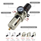SNS 1/2”NPT Compressed Air Filter Regulator Piggyback Combo, Semi-auto Drain, 5 Micron Brass Filter, Gauge and Bracket, Poly Bowl with Metal Guard AW4000-N04A
