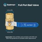 Eastman 1/2 Inch IPS Heavy Duty Full Port Ball Valve, Brass Plumbing Fitting, 20045LF