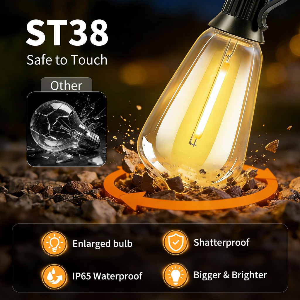 FUANXIEI Solar Lights Outdoor Waterproof: ST38 100FT 30M Shatterproof Bulbs Patio Lights - Solar Powered & USB Charging- Remote Control 3 Light Modes Dimmable Solar Light - Camping Backyard Garden