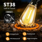 FUANXIEI Solar Lights Outdoor Waterproof: ST38 100FT 30M Shatterproof Bulbs Patio Lights - Solar Powered & USB Charging- Remote Control 3 Light Modes Dimmable Solar Light - Camping Backyard Garden