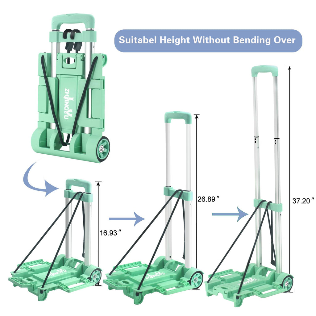 Folding Hand Truck Dolly Cart,Collapsible Shopping Trolley,Mini Lightweight Hand Dolly,Backpack Trolley,Luggage Cart,Aluminum Telescopic Rod,2 Wheel Trolley Expandable Large Chassis,Mint Green