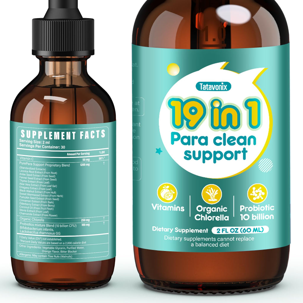 Tatavonix 19 in 1 Herbal Gut Cleanse Drops – Wormwood, Black Walnut, Chlorella 250mg, 10B Probiotics, Clove & Oregano – Liquid Detox Support for Adults & Kids, Alcohol-Free, 2oz
